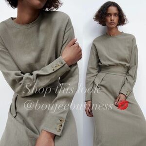 ZARA Linen Blend Midi Dress with Tie Belt